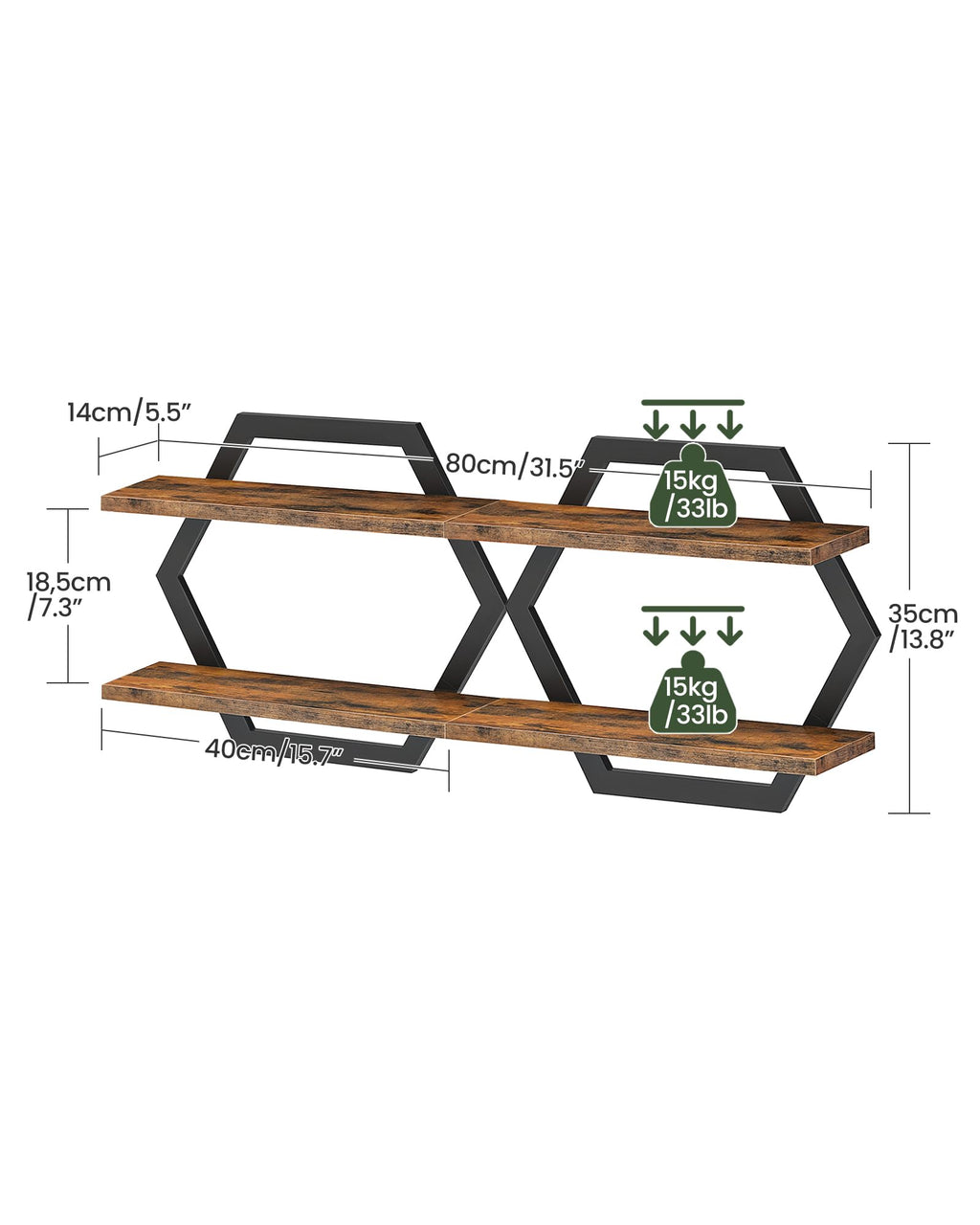 CHOEZON Hexagon Floating Shelves for Wall, Set of 2, 2 -Tier Hanging Shelves, Wall Mounted Storage Shelves, for Living Room, Bedroom, Kitchen, Home Office, Study, Rustic Brown and Black TBJ06P2BF