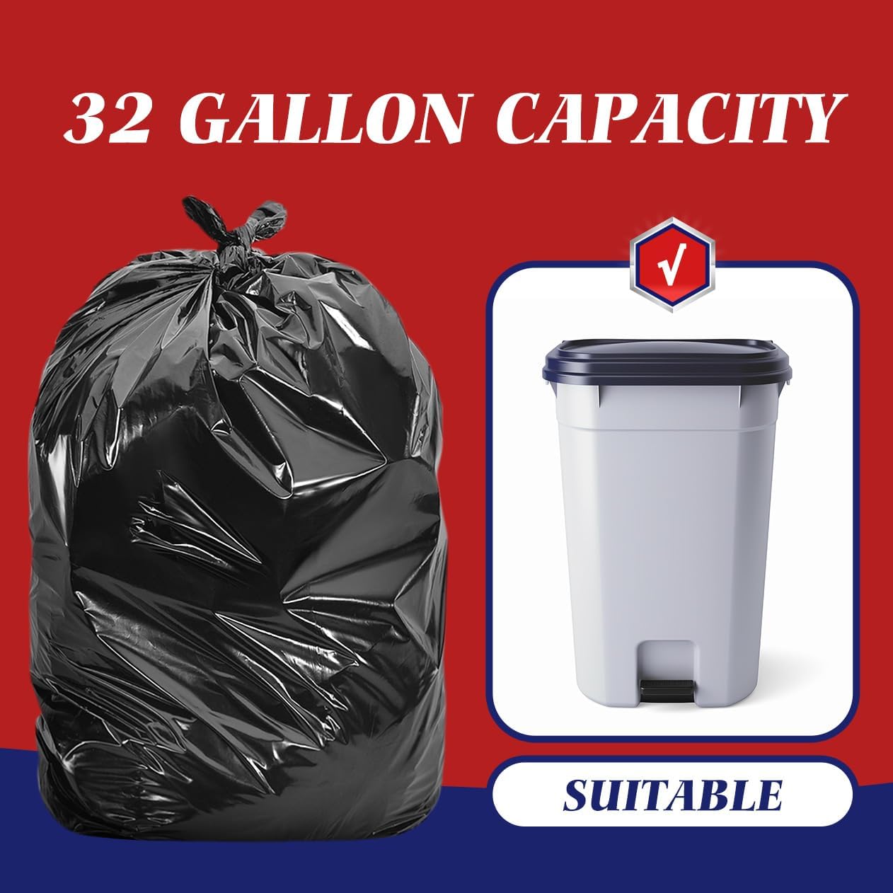 Teivio Large Black Trash Bags - 30-33 Gallon | 40 Count All-Purpose Garbage Liners for Home & Office