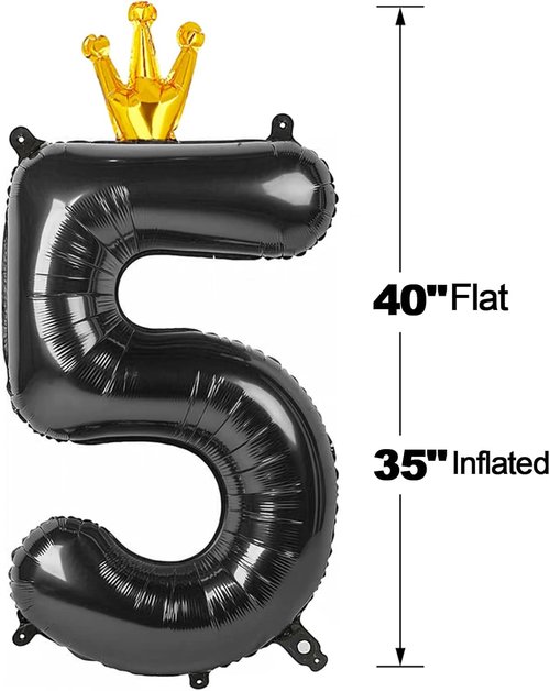 Black 5 Balloon - 40 Inch Number Balloon for 5th Birthday | Black and Gold Party Decorations