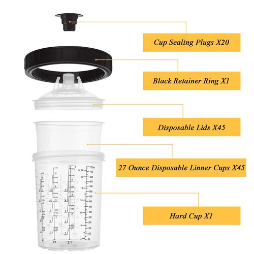 LOPYXBR 27 Oz Disposable Paint Cups for HVLP Spray Gun 27 Ounce (800ml) Cups Kit with 45 Cups and Lids System, 1 Hard Cup with Retainer Ring and 20 Cup Sealing Plugs