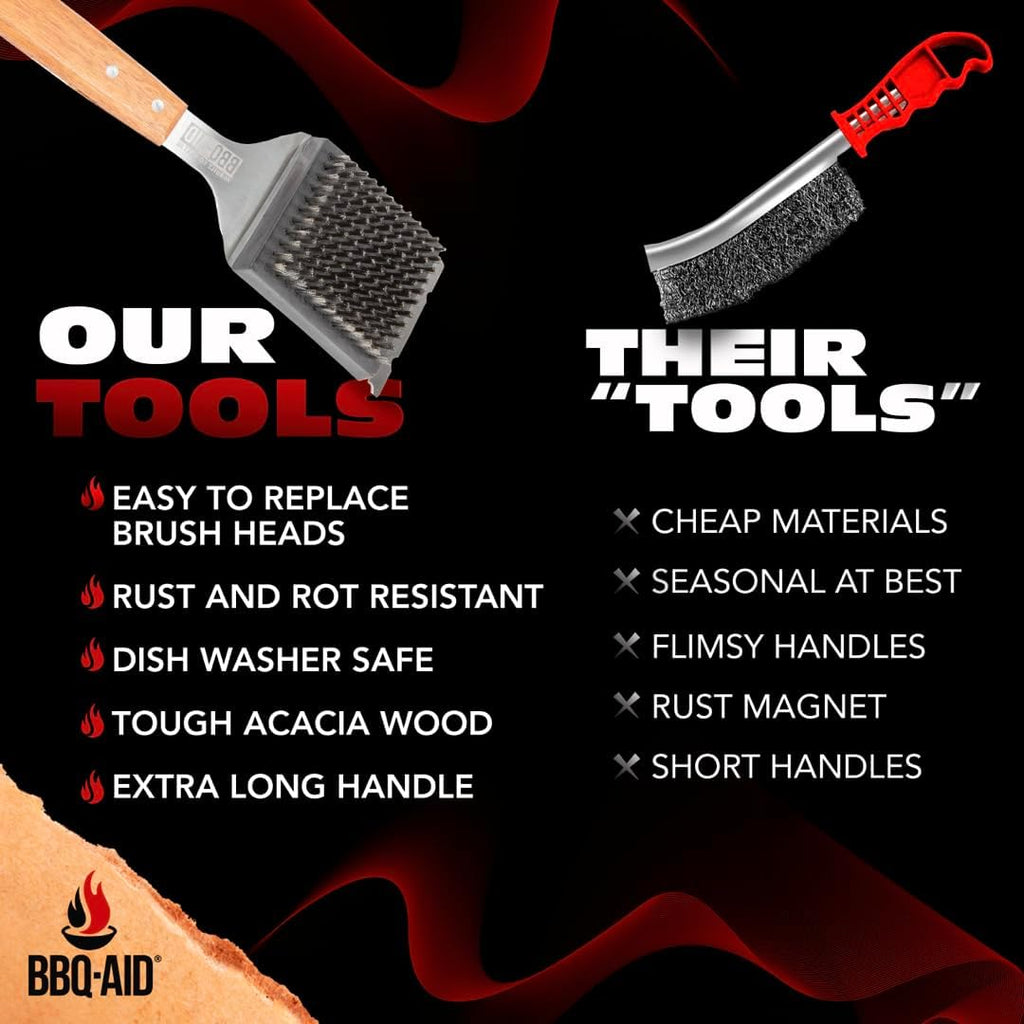 BBQ-Aid Grill Brush - Heavy-Duty Barbecue Scraper with Extended Wooden Handle & Replaceable Stainless Steel Bristles