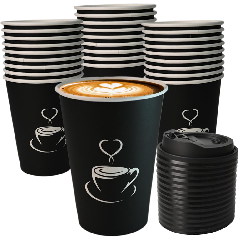 TreeMVI-50 Pack 12oz Coffee Cups with Lids: Disposable Black Coffee Cup Sturdy to Go Leak-Proof Paper Containers Set for Hot and Cold Beverage, Home, Office, Party