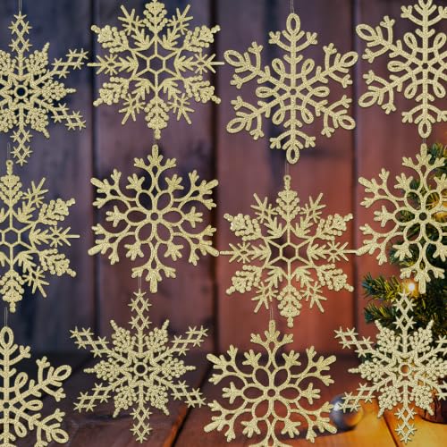 Gold Snowflake Ornaments Set - 12 Large Outdoor Indoor Christmas Decorations
