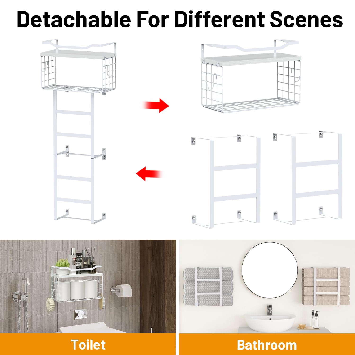 Towel Racks for Bathroom Wall Mounted, 4 tire Bath Towel Storage - with 2 Pack Towel Shelf and Floating Shelves Over Toilet, Rolled Towel Holder Shelf Organizer, Sturdy Metal & Wood, 34inch, White