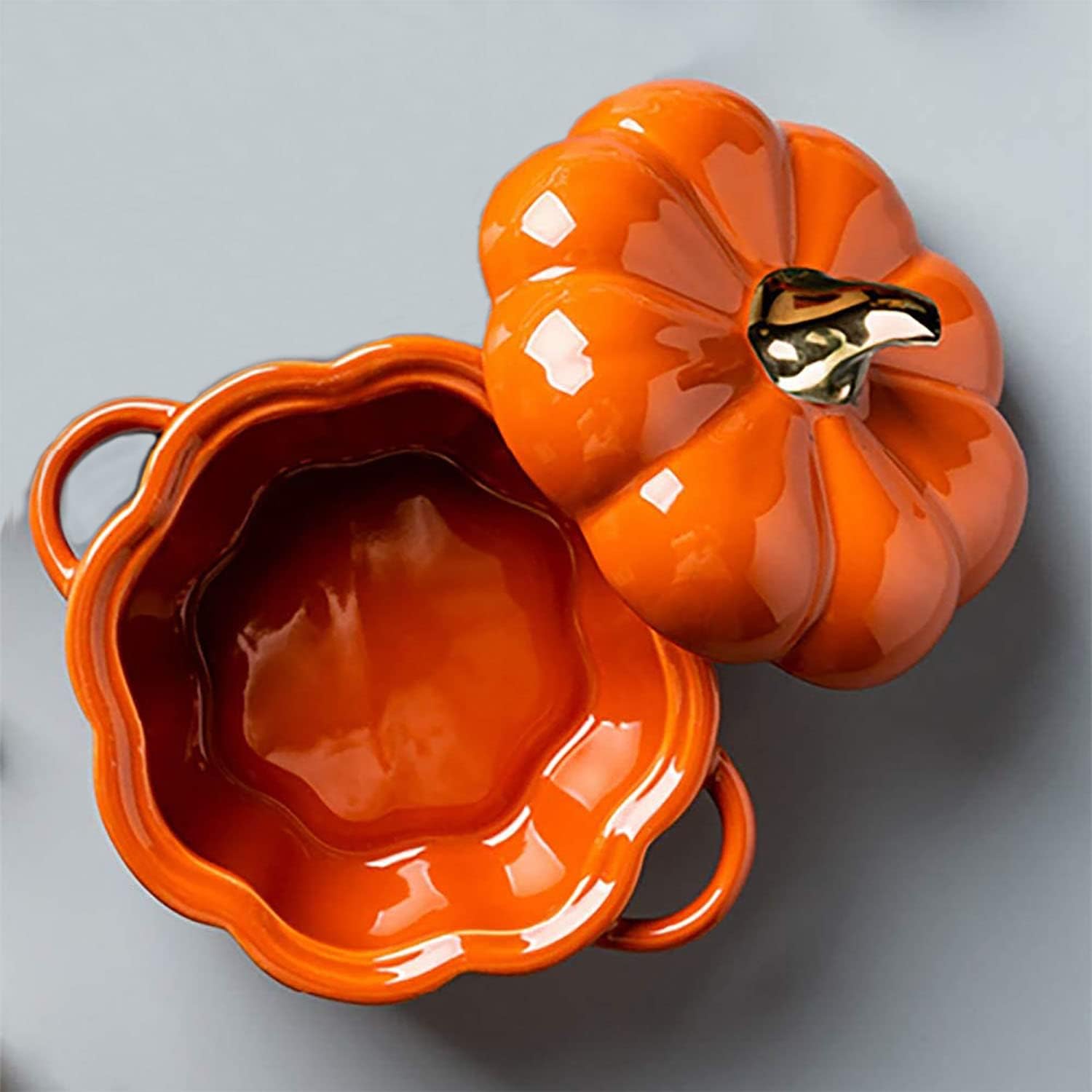 Pumpkin Bowl Set - 4 Ceramic Ramekins with Lid & Handle | Oven Safe Stoneware, 14 Oz (Orange)