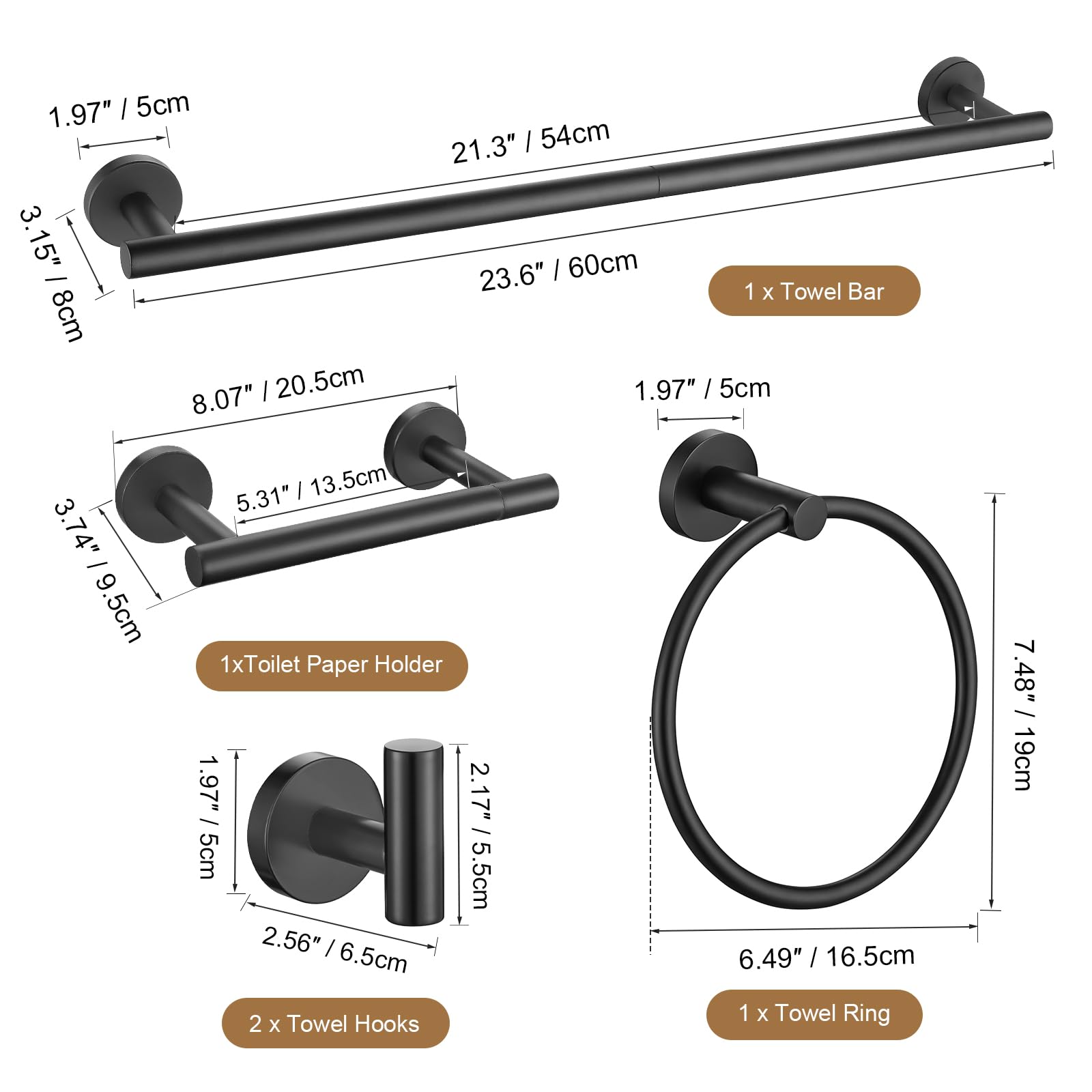 TURS Matte Black 5 Piece Bathroom Hardware Set, SUS304 Stainless Steel Bath Towel Bar Set, 24 Inch Round Bathroom Accessories Kit Wall Mounted