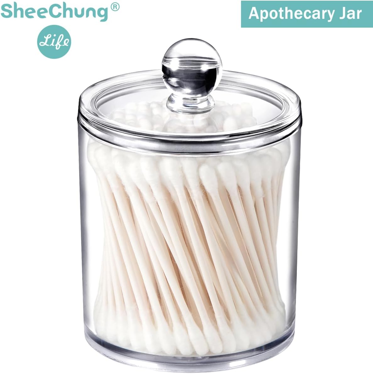SheeChung Clear Acrylic Apothecary Jars - 6-Pack Qtip Holder Set (3) 10oz & (3) 12oz - Shatterproof Bathroom Organizer