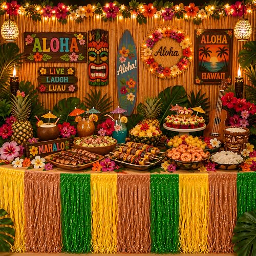 OHOME Tropical Luau Party Table Skirt 2-Pack Hawaiian Decorations