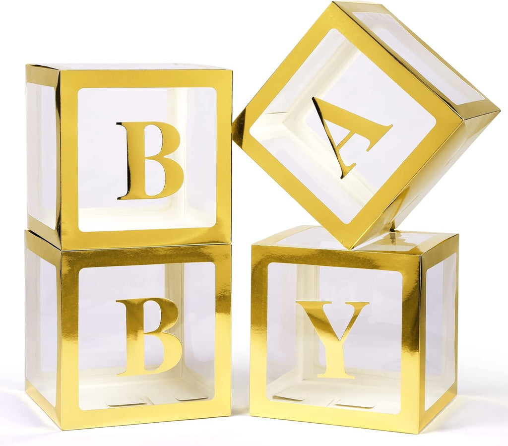 Voircoloria Baby Boxes - 4 Transparent Balloon Boxes with Letters for Baby Shower & Gender Reveal (Gold)