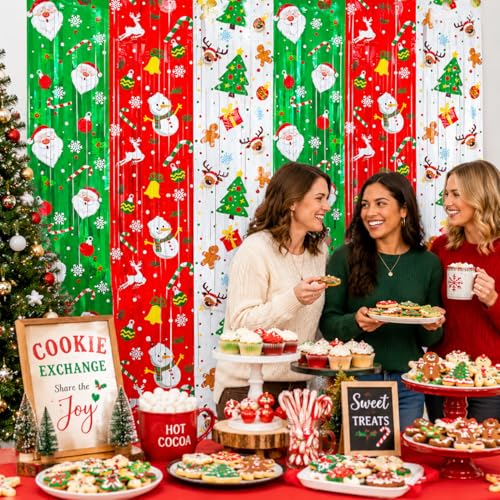 Festive Foil Fringe Curtains Red Green White with Santa & Reindeer - Christmas Party Backdrop & Photo Booth Props - 3 Pack