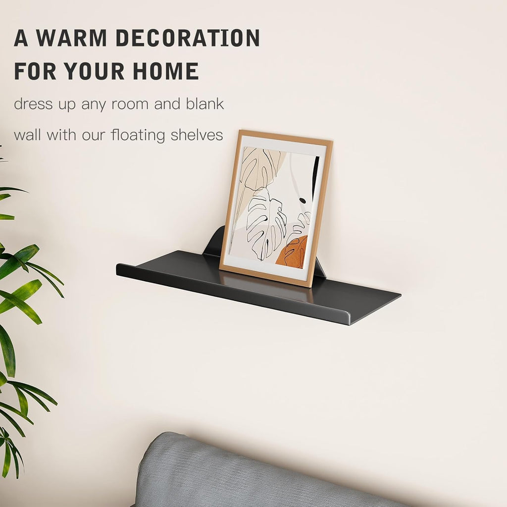 Skiennix Floating Wall Shelf - Modern Off-Center Metal Design for Decor | 12" Black Storage Solution