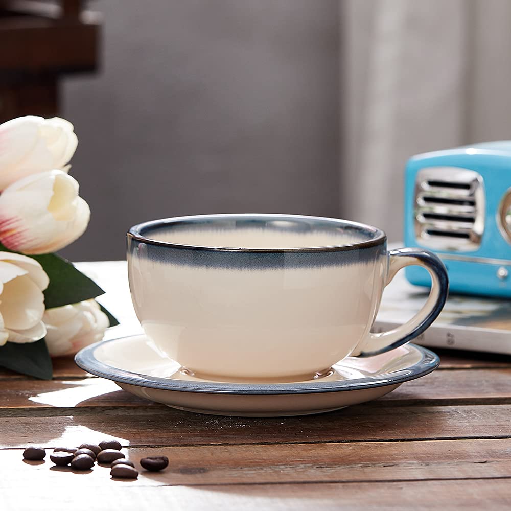 Coffeezone Vintage Design 12 oz Ceramic Latte Art Cappuccino Barista Cup with Saucer (Fog Grey)