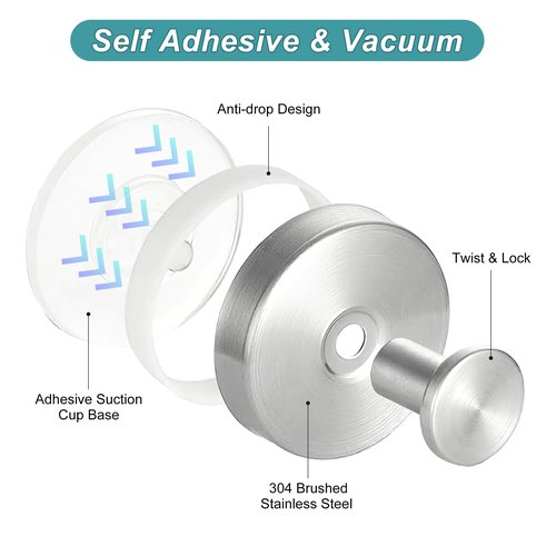 Suction Cup Hooks for Bathroom and Shower - Brushed Nickel Adhesive Hooks for Towel, Loofah - Removable Hook for Kitchen, Glass, Mirror, Door, Tile - Ideal for Coat, Wreath, Hanging Needs (Pack of 2)