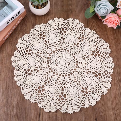 Beige Handmade Cotton Table Doilies - 15.7 Inch Vintage Lace Placemats