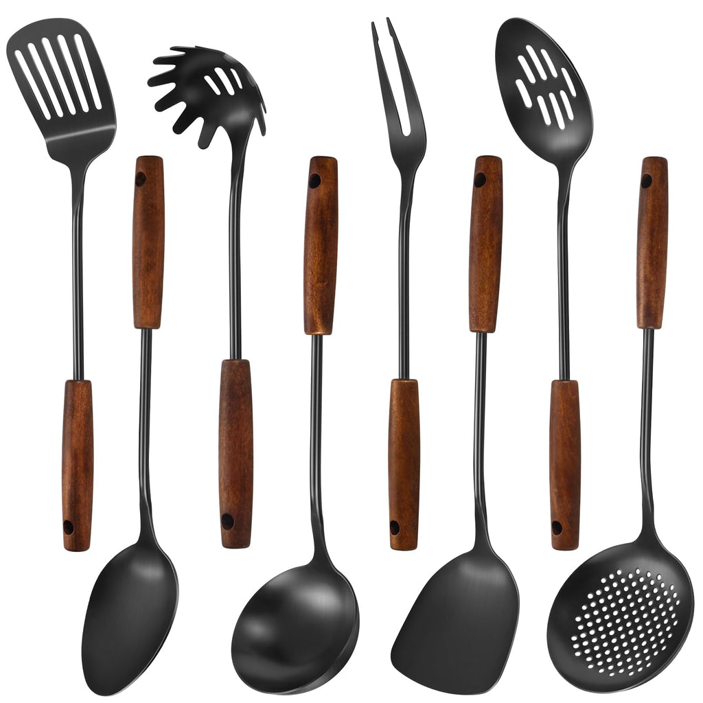 304 Stainless Steel Kitchen Utensils Set, 8 Pcs Long Cooking Utensils Set with Wooden Handle, Large Heat Resistant Kitchen Tools(Black, Dishwasher Safe)