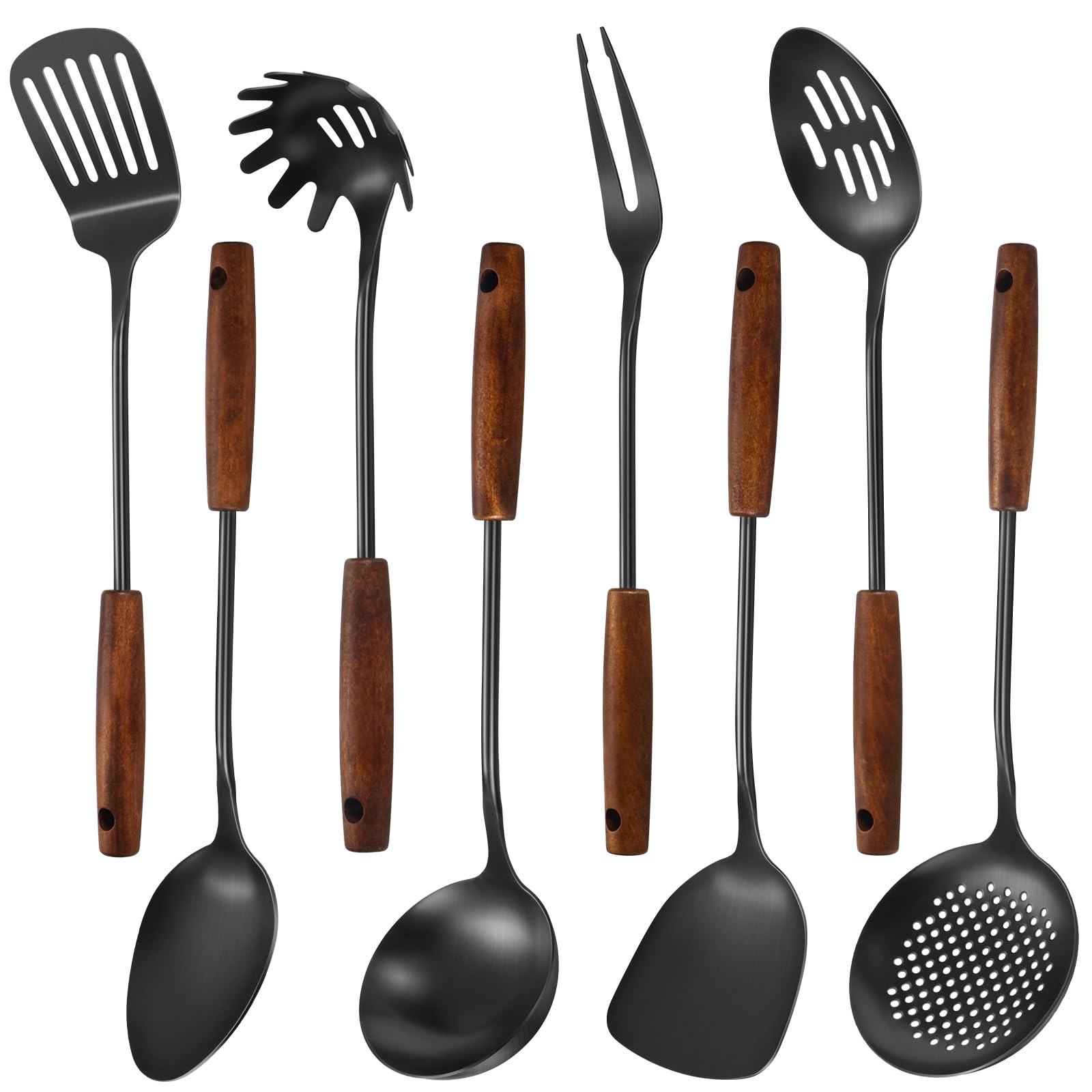 304 Stainless Steel Kitchen Utensils Set, 8 Pcs Long Cooking Utensils Set with Wooden Handle, Large Heat Resistant Kitchen Tools(Black, Dishwasher Safe)