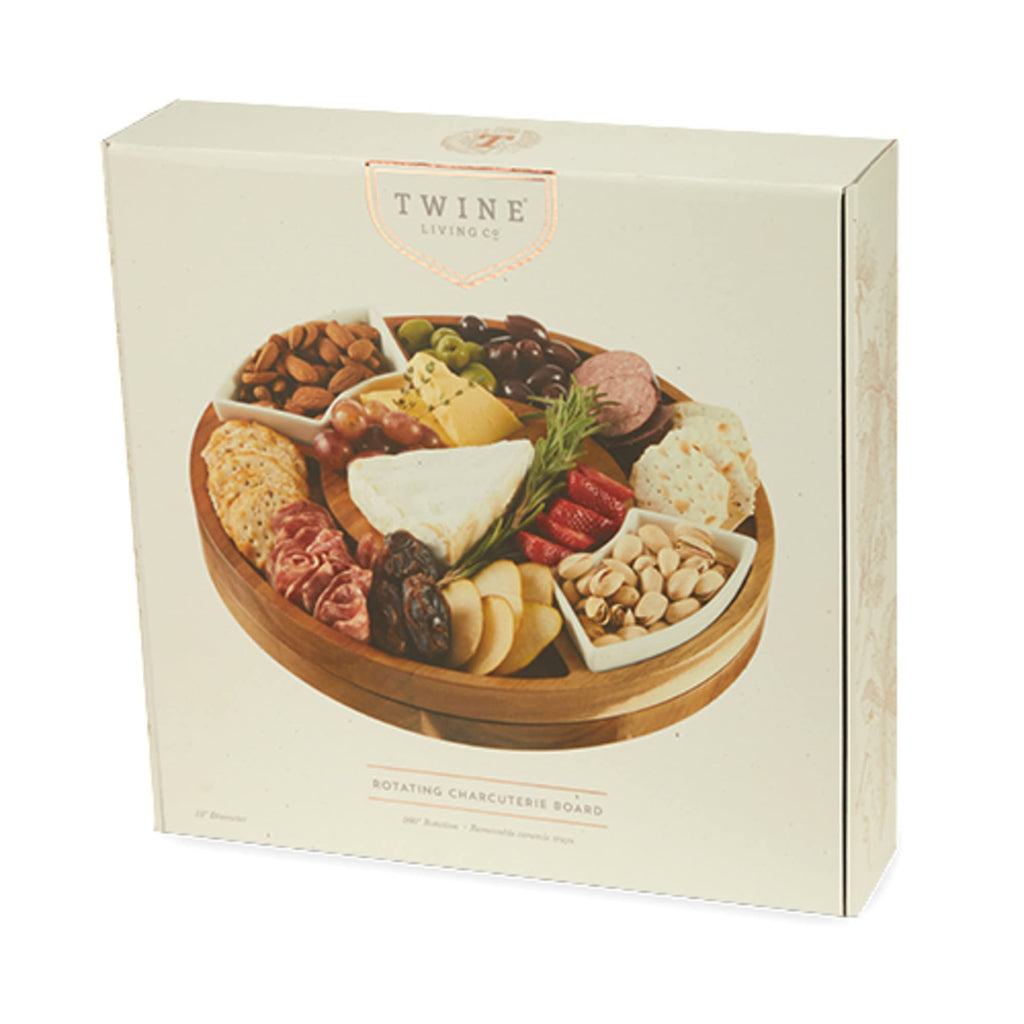 Twine Rotating Wood Serving Board - Round Charcuterie Board - Lazy Susan Wooden Cheese Board Set with Ceramic Dishes - Set of 1
