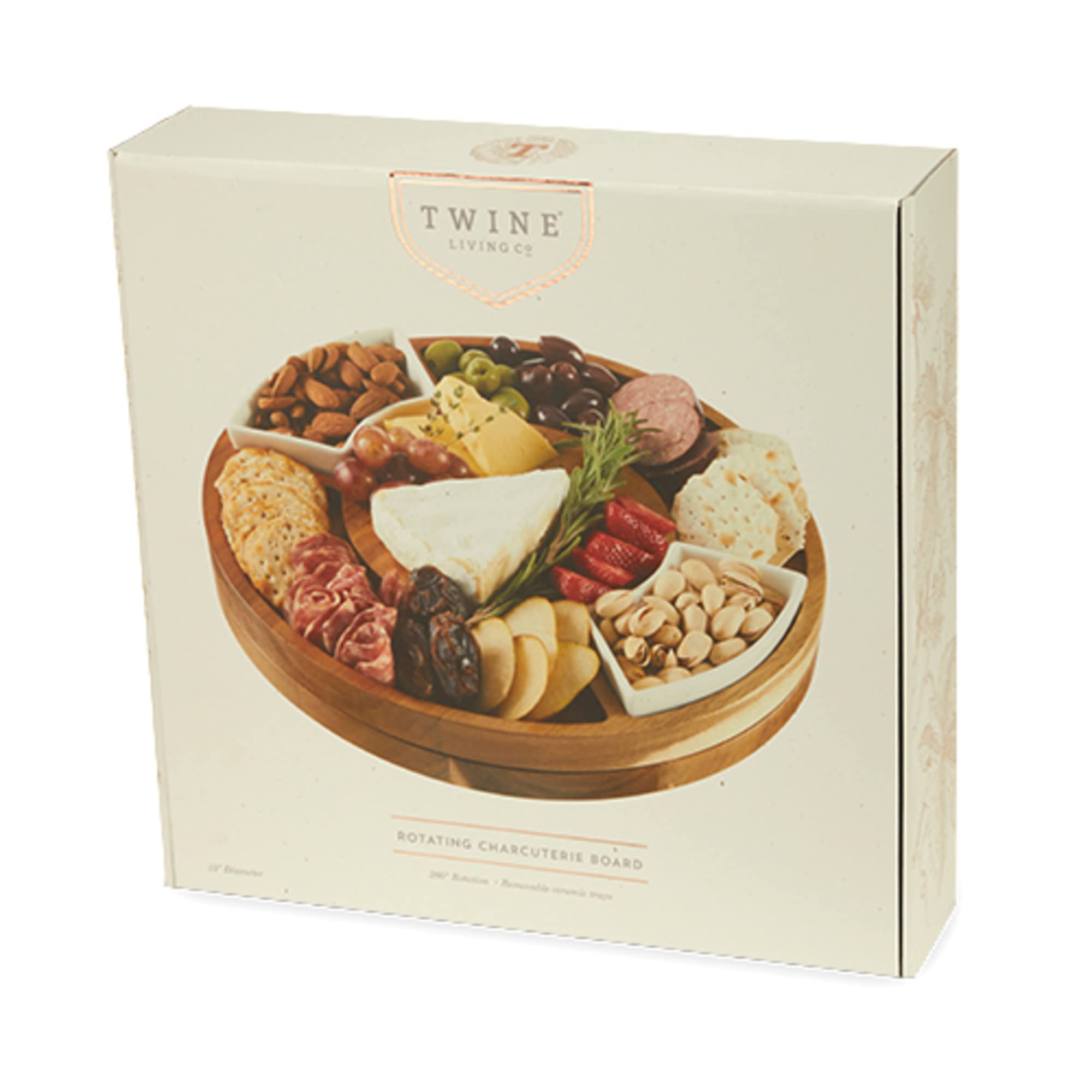 Twine Rotating Wood Serving Board - Round Charcuterie Board - Lazy Susan Wooden Cheese Board Set with Ceramic Dishes - Set of 1