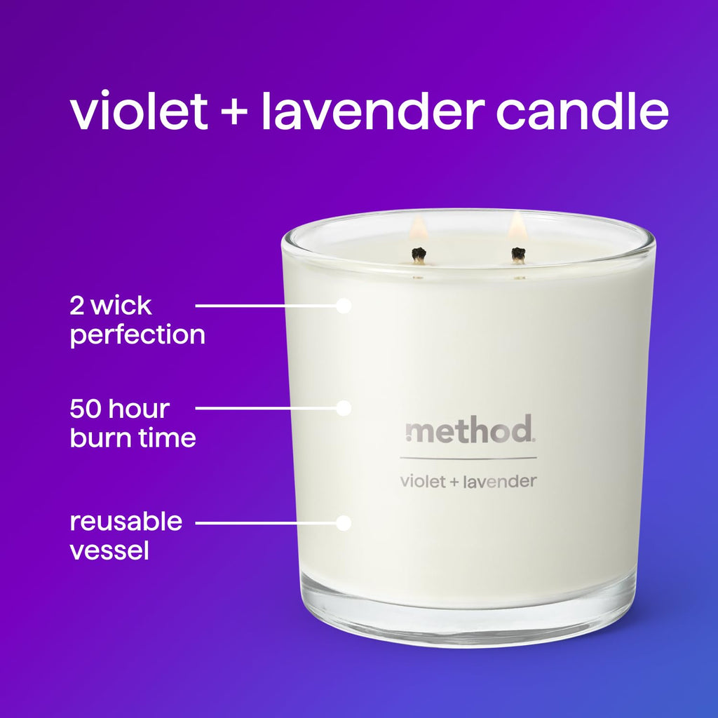 Method Premium Soy Candle, Violet + Lavender, 2 Wick, Recyclable Jar, Up to 50 Hours Burn Time, 14 oz