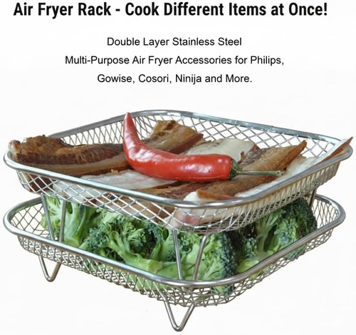 Cosori Dual-Layer Air Fryer Rack Set - 304 Stainless Steel Mesh Baskets for Enhanced Cooking | Square Accessories