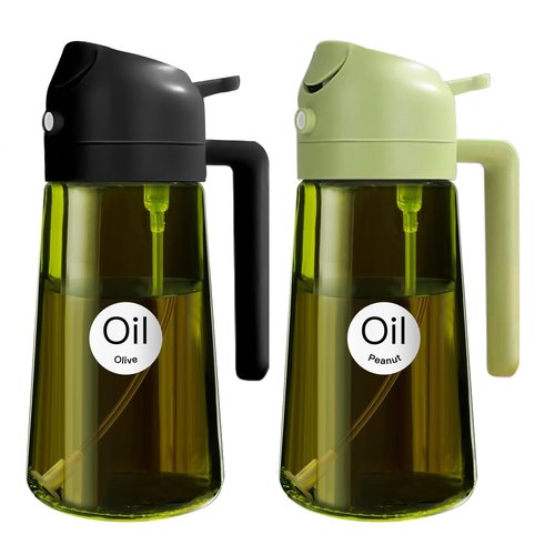 YARRAMATE 16oz/470ml 2PCS Light Blockage Dark Oil Sprayer for Cooking, 2 in 1 Olive Oil Dispenser Bottle for Kitchen, Green Glass Oil Bottle, Food-Grade Oil Mister for Air Fryer, BBQ (Black & Green)