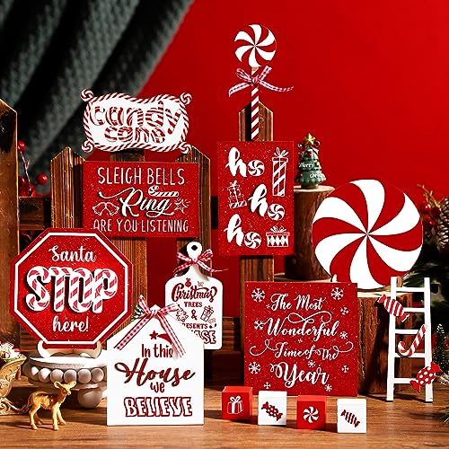 Christmas Candy Cane Tiered Tray Decor Set - 14 Pieces Holiday Table Centerpiece