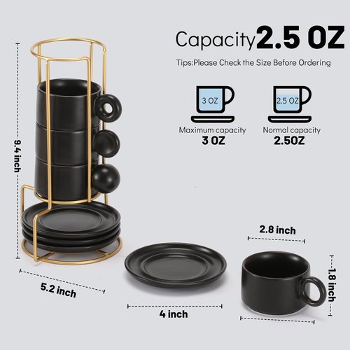 LURRIER Espresso Cup Set - Stackable 3 Ounce Porcelain Mugs with Saucer & Metal Stand | Black (Set of 4)
