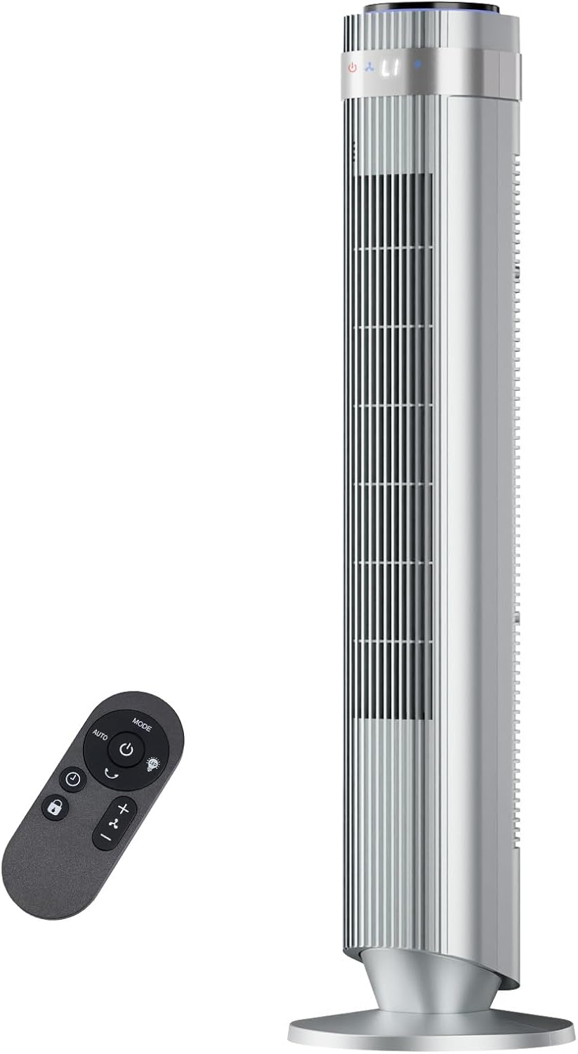 NEWBULIG Bladeless Tower Fan - Oscillating Design with Remote, 5 Speeds, 28dB Quiet Operation, Silver