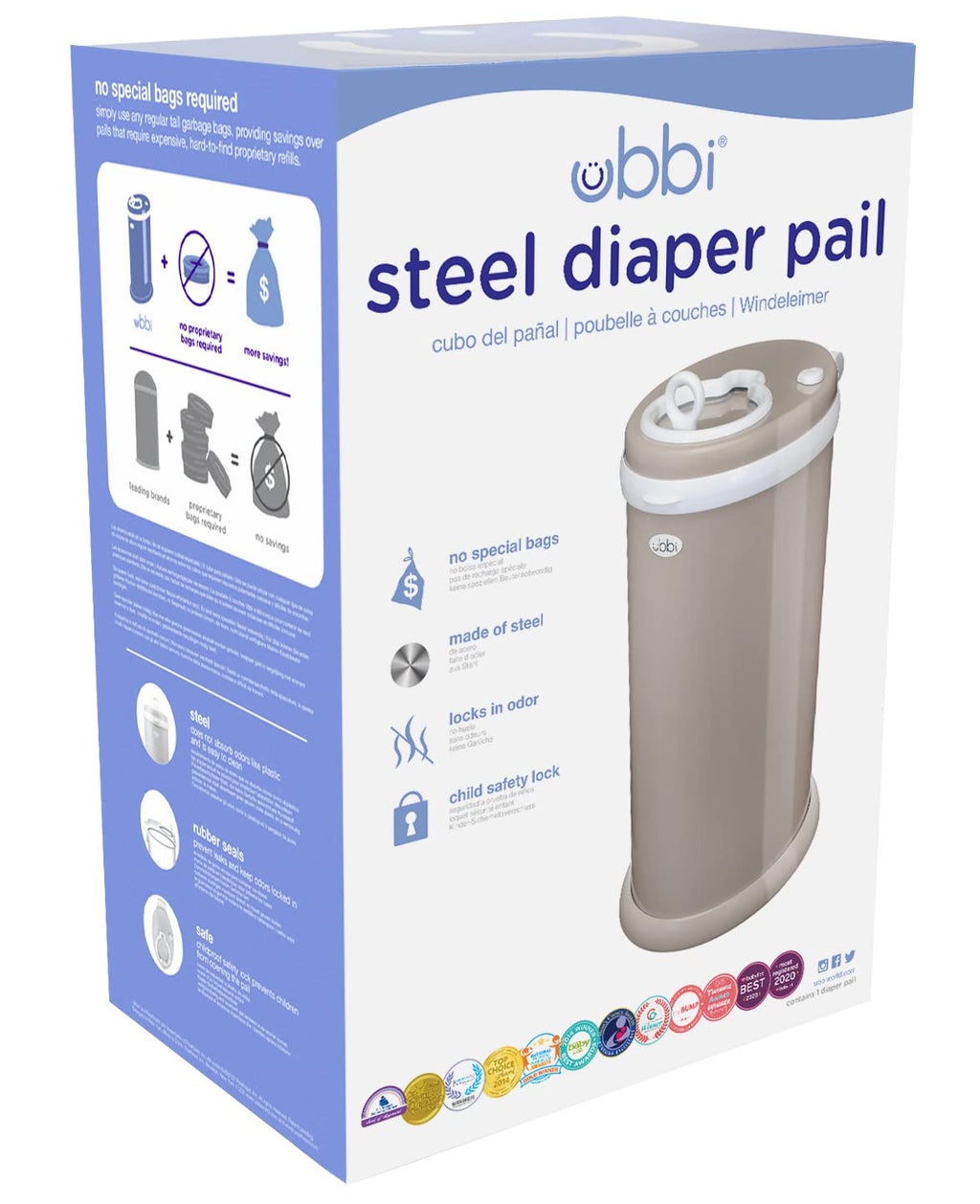 Ubbi Stainless Steel Diaper Pail - Odor Locking Design | No Special Bag Required, Taupe Finish