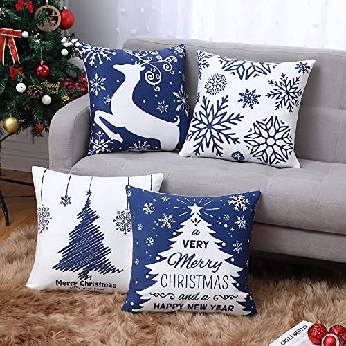 NANAN Blue 18x18 Inch Christmas Pillow Cover Set of 4 Snowflake Merry Christmas Elk Decor