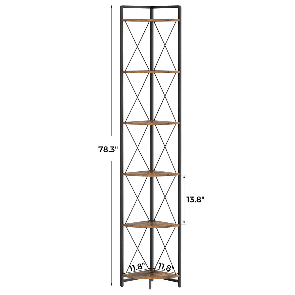 Cerlyunzan 6 Tier Corner Shelf Stand, 78" H Tall Industrial Corner Bookshelf for Living Room Decor, Metal Corner Shelf, Plant Stand Display Shelf for Bedroom, Bathroom, Small Space, Rustic Brown