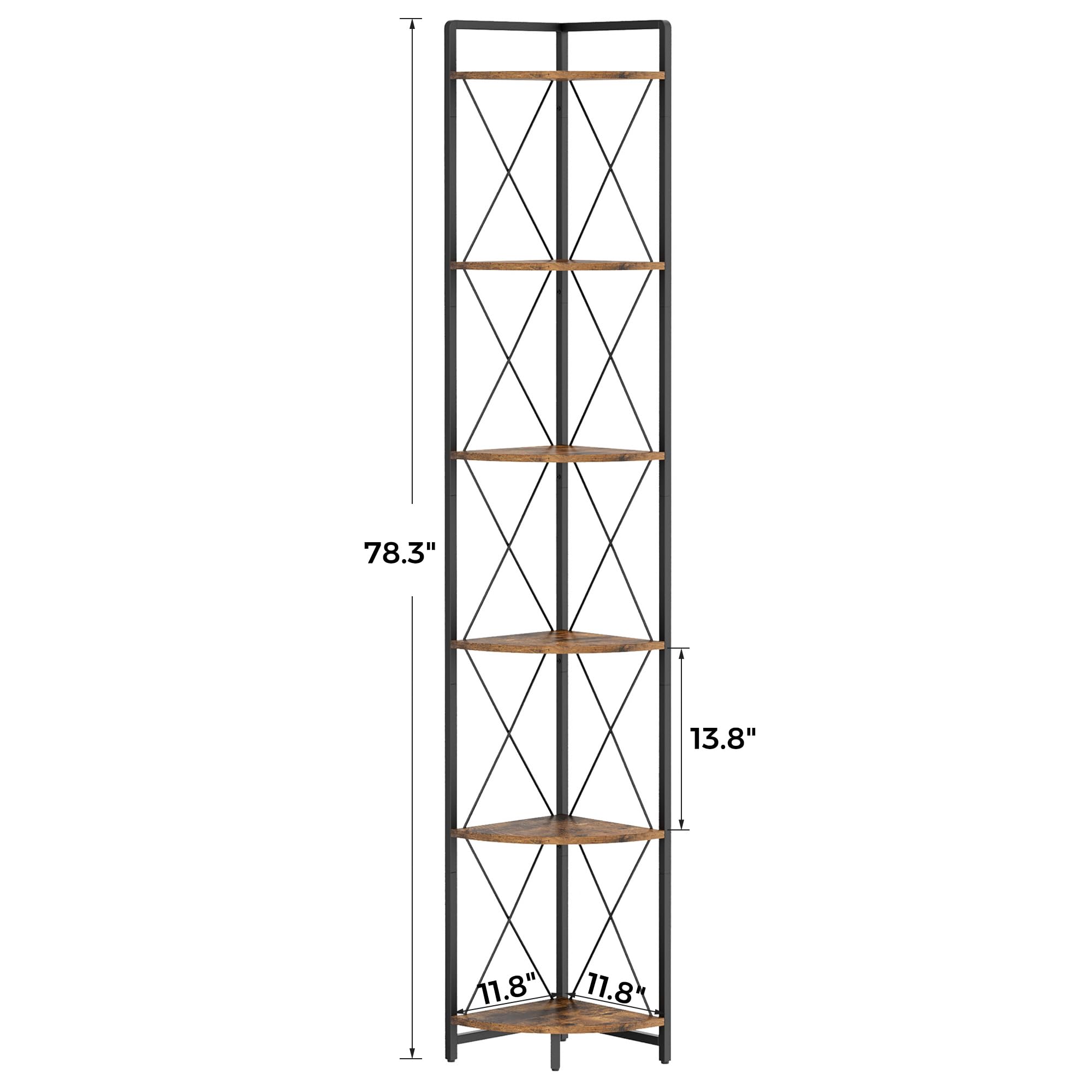 Cerlyunzan 6 Tier Corner Shelf Stand, 78" H Tall Industrial Corner Bookshelf for Living Room Decor, Metal Corner Shelf, Plant Stand Display Shelf for Bedroom, Bathroom, Small Space, Rustic Brown