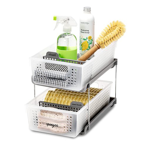 madesmart Antimicrobial 2-Tier Organizer, Multi-Purpose Slide-Out Storage with Handles and Dividers for Home and Bath, Frost, Pack of 4