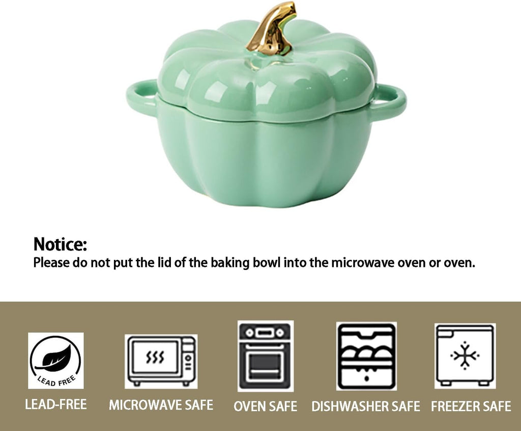 Pumpkin | 14 Oz Ceramic Ramekin Set with Lid & Handle - Oven Safe Individual Casserole Dish (Green)