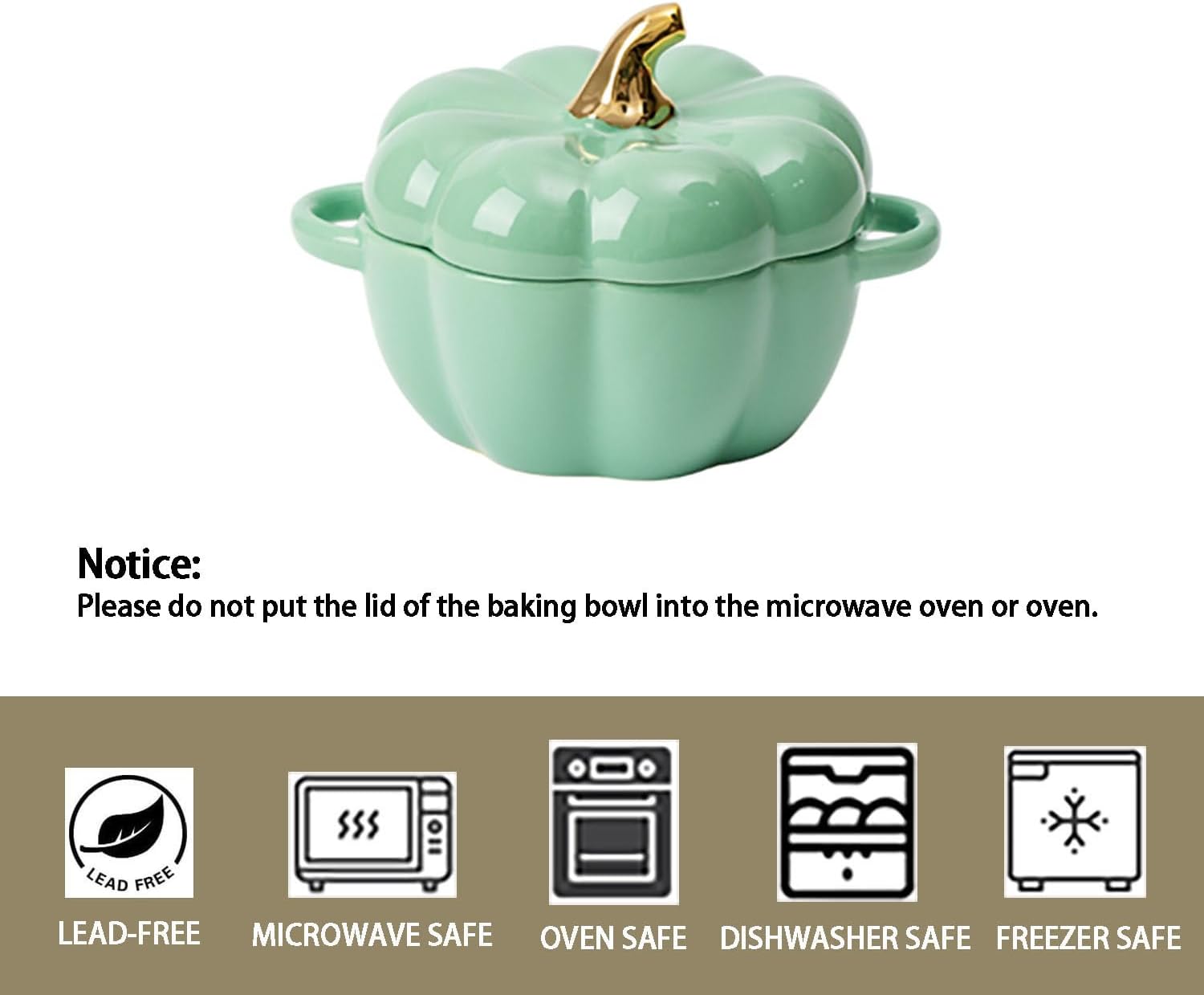 Pumpkin | 14 Oz Ceramic Ramekin Set with Lid & Handle - Oven Safe Individual Casserole Dish (Green)