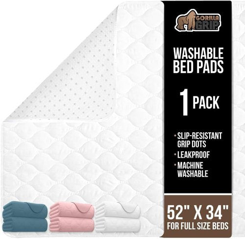 GORILLA GRIP Waterproof Washable Underpads - Heavy Absorbency Bed Pads | 52x34 Slip Resistant for Incontinence & Bedwetting - White
