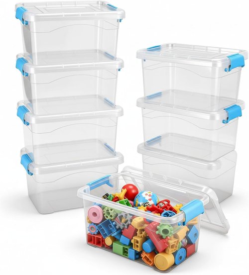 Jetec 8-Pack Clear Plastic Storage Bins - Stackable Organizers with Lids & Blue Handles | 6.5 Qt, 11.02 x 7.48 x 6.02''