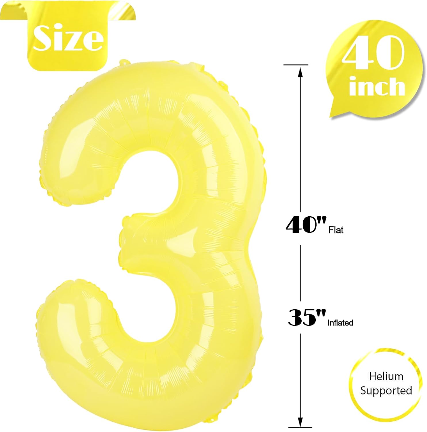 Yellow Number 3 Balloon - 40 Inch Birthday Decoration for Kids & Adults | Perfect for 3rd Birthday Parties