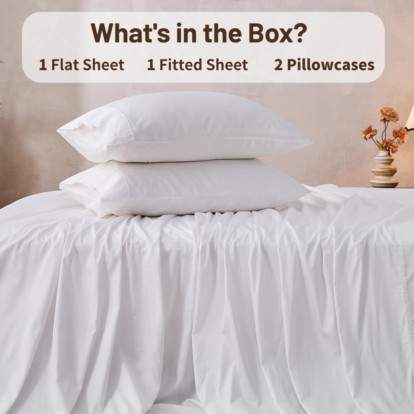 MEISHANG Extra Deep Pocket Cotton Sheets Queen Size - 100% Egyptian Cotton 1000 Thread Count - Fits 18"-24" in Deep Mattress,Oeko-Tex Certified, Soft & Breathable - 4 Piece (Queen, Whtie)