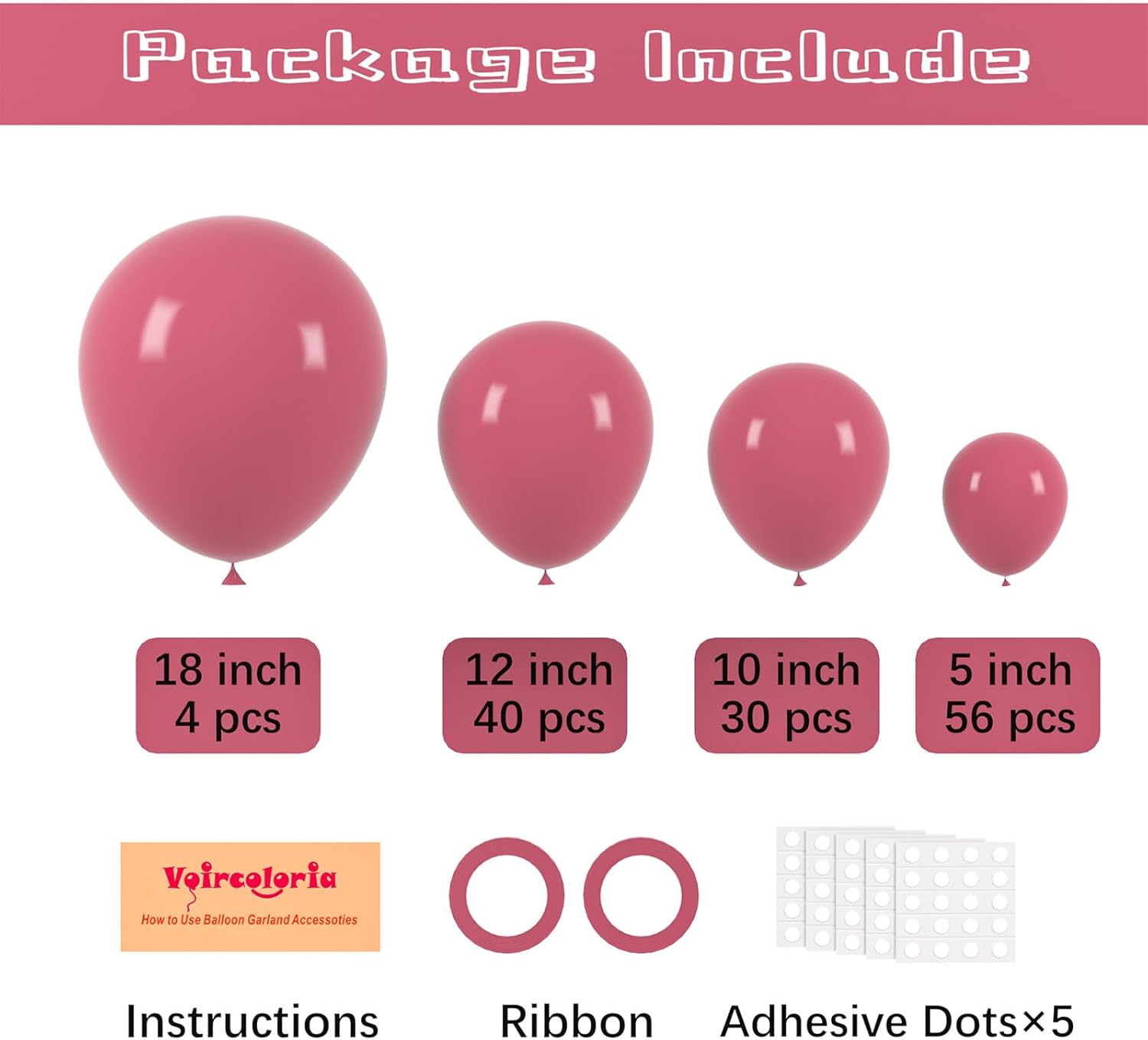 Voircoloria Hot Pink Balloon Garland Kit - 130pcs Latex Balloons in Various Sizes for Parties & Events