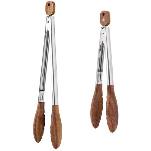 Kitchen Tongs Set - 9" & 12" Anti-Slip Long Wooden Cooking Tongs for BBQ, Grilling, Salad Tossing & Serving - Heat Resistant, Non-Stick Stainless Steel Handles with Hanging Hole