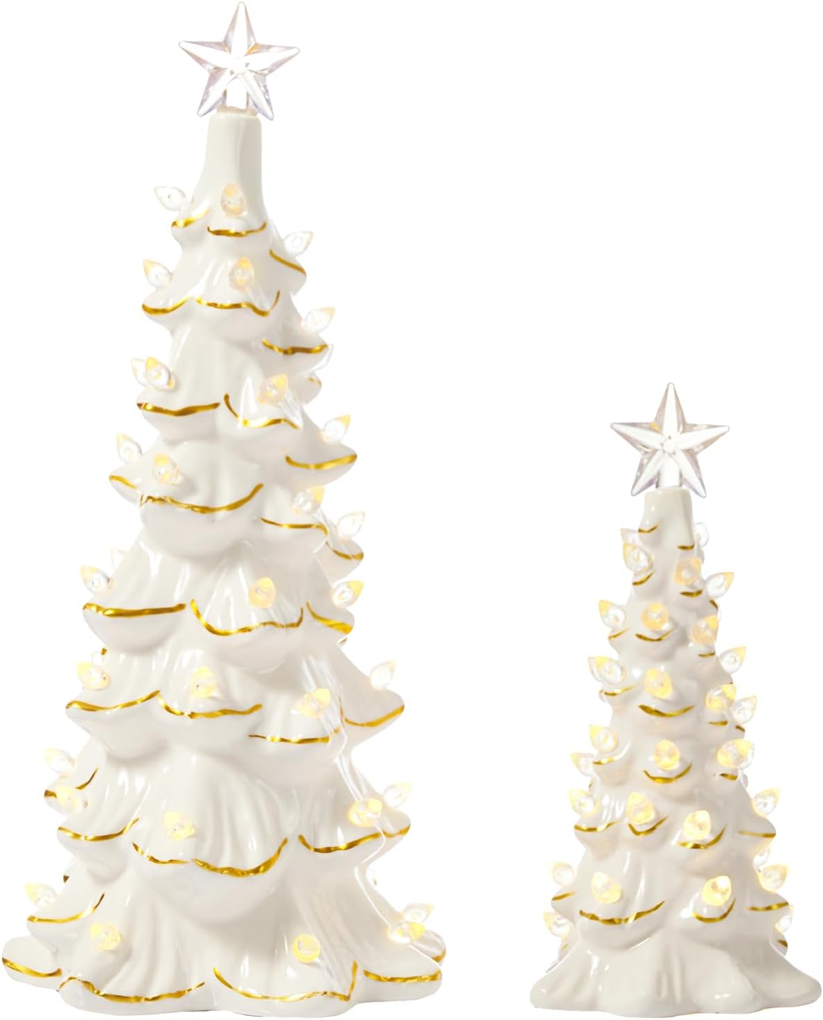 WDS WONDROUS Ceramic Christmas Tree Tabletop - Prelit White & Gold Accents | 2-Piece Small Xmas Decor