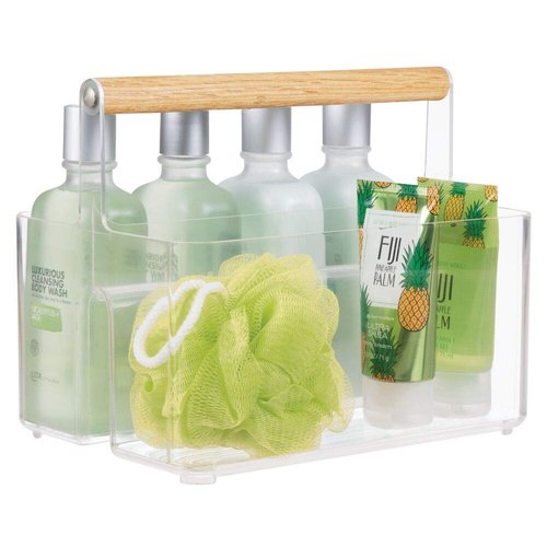 mDesign Plastic Portable Shower Caddy Divided Basket Bin Storage Organizer with Bamboo Handle for Bathroom, Dorm, Shelf & Cabinet Holds Shampoo, Conditioner - Aura Collection, Clear/Natural