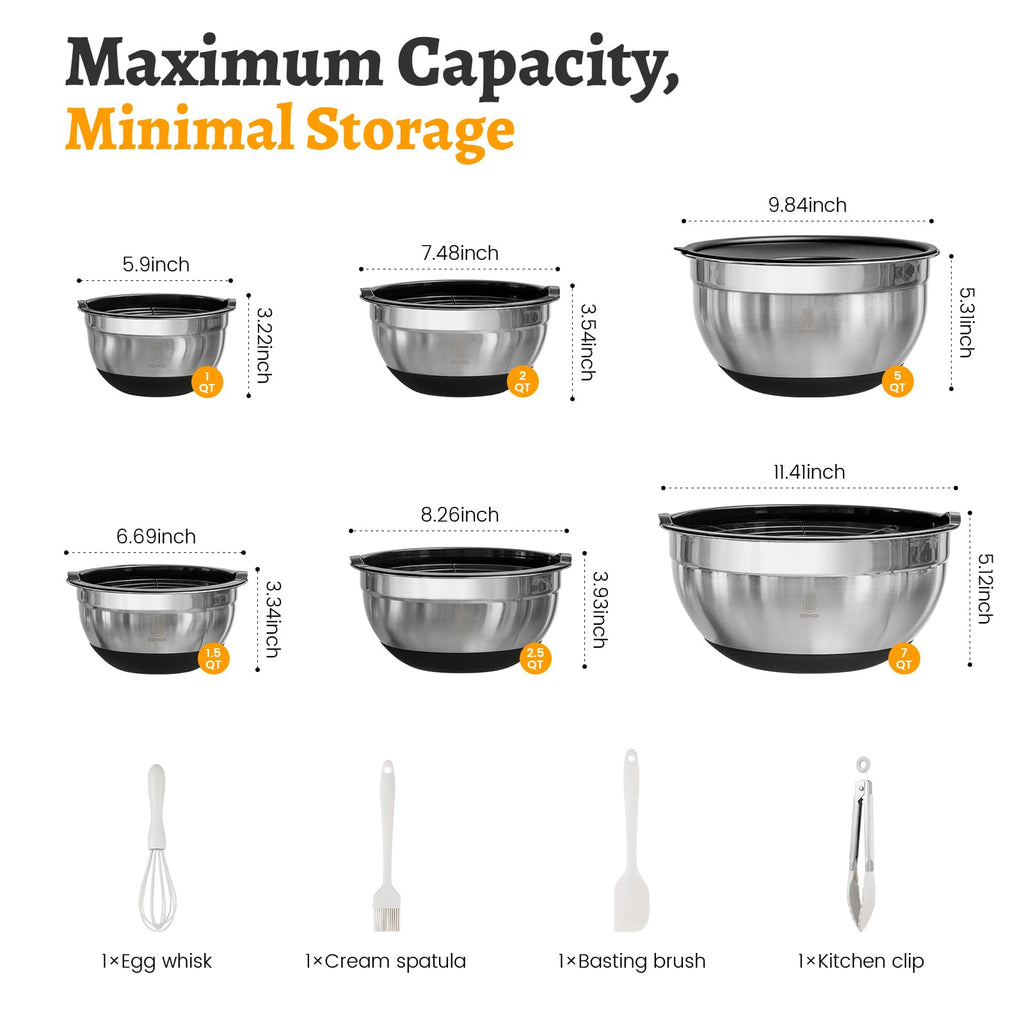 ROYDX Stainless Steel Mixing Bowls With BPA Free Airtight Lids &3 Grater Attachments,Non-Slip Bottoms- 33% Thick Metal Nesting Bowls for Mixing & Serving