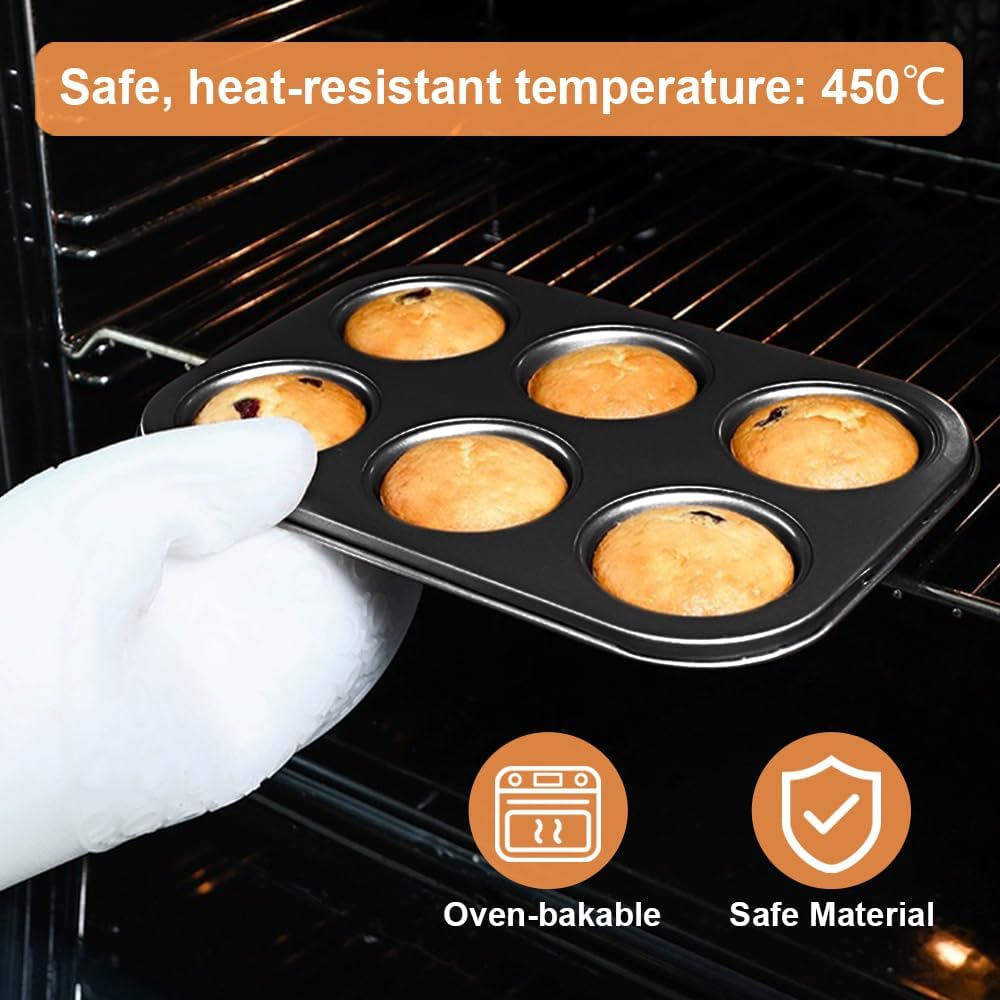 Premium Steel Muffin Pan by [Brand Name] - 2 Pack Round Baking Tray for Muffins & Cupcakes | Black, 6 Cup