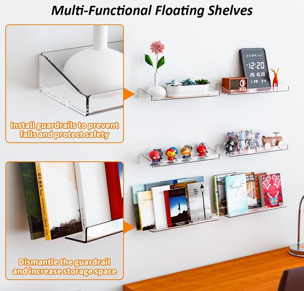 Regine Switzerland 15" Acrylic Floating Shelves - Stylish Wall-Mounted Bookshelves for Home Decor