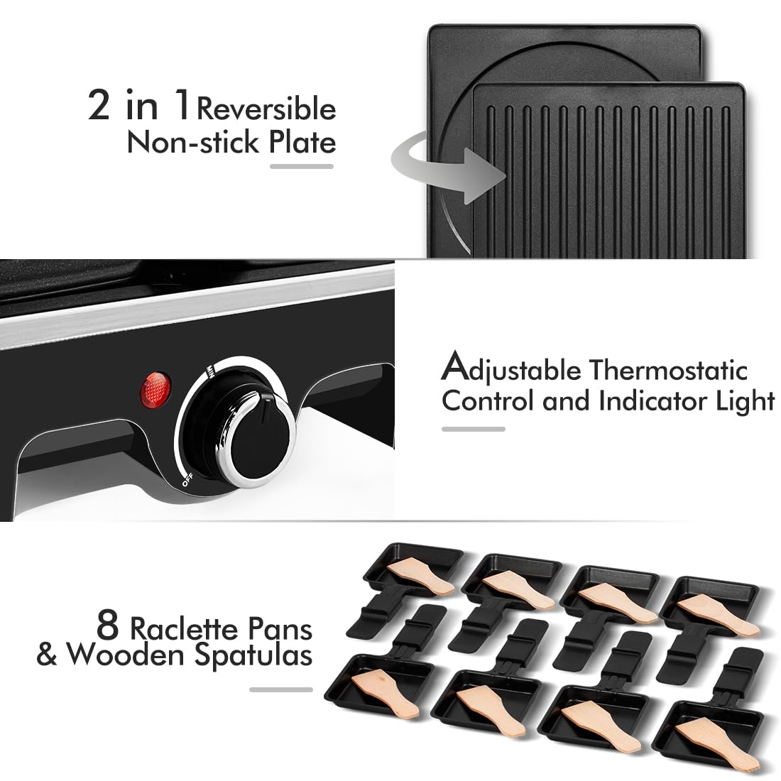 Raclette Table Grill, CUSIMAX Electric Grill, Indoor Grill Korean BBQ Grill With 2 in 1 Reversible Non-stick Plate, Crepe Maker with Adjustable temperature control, 8 Raclette Pans & Wooden Spatulas