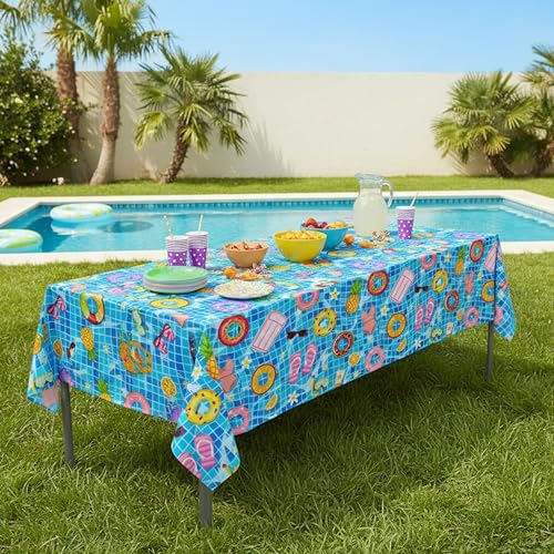 Disposable Pool Party Tablecloth - Blue Hawaiian Theme, Waterproof