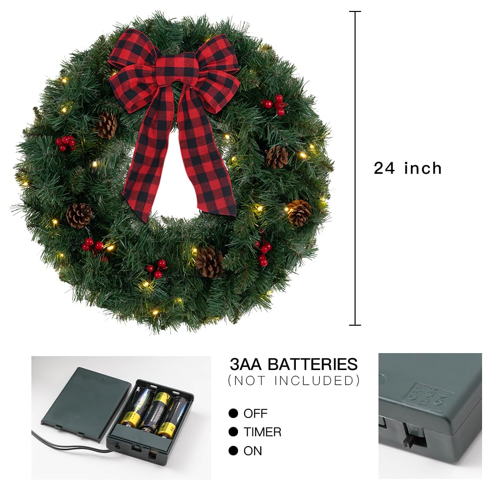 DEWBIN 24 Inch 2FT Christmas Wreath, 30 LED Lights Christmas Wreaths for Front Door with Bow Red Berries Pine Cones, Prelit Timer Home Decor, Xmas Wall Windows Decorations Indoor Outdoor