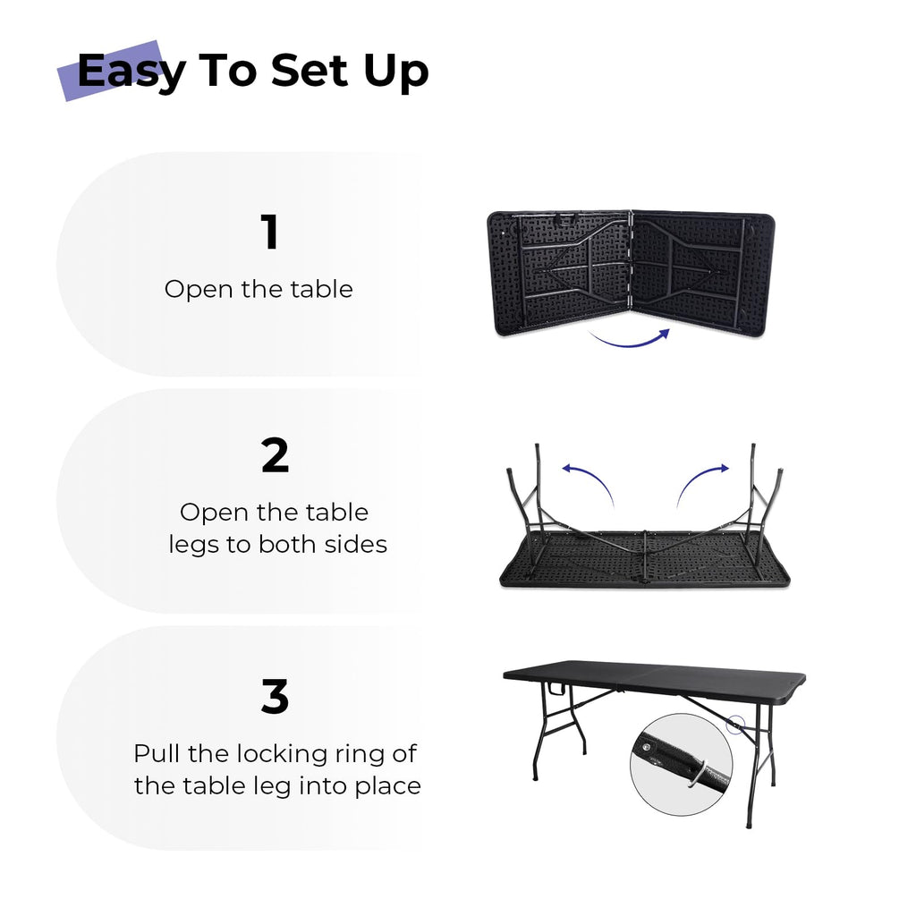 Byliable Folding Table 6ft Portable Heavy Duty Plastic Fold-in-Half 6 Foot Foldable Table Utility Dining Indoor Outdoor with Carrying Handle for Camping Picnic and Party, Black